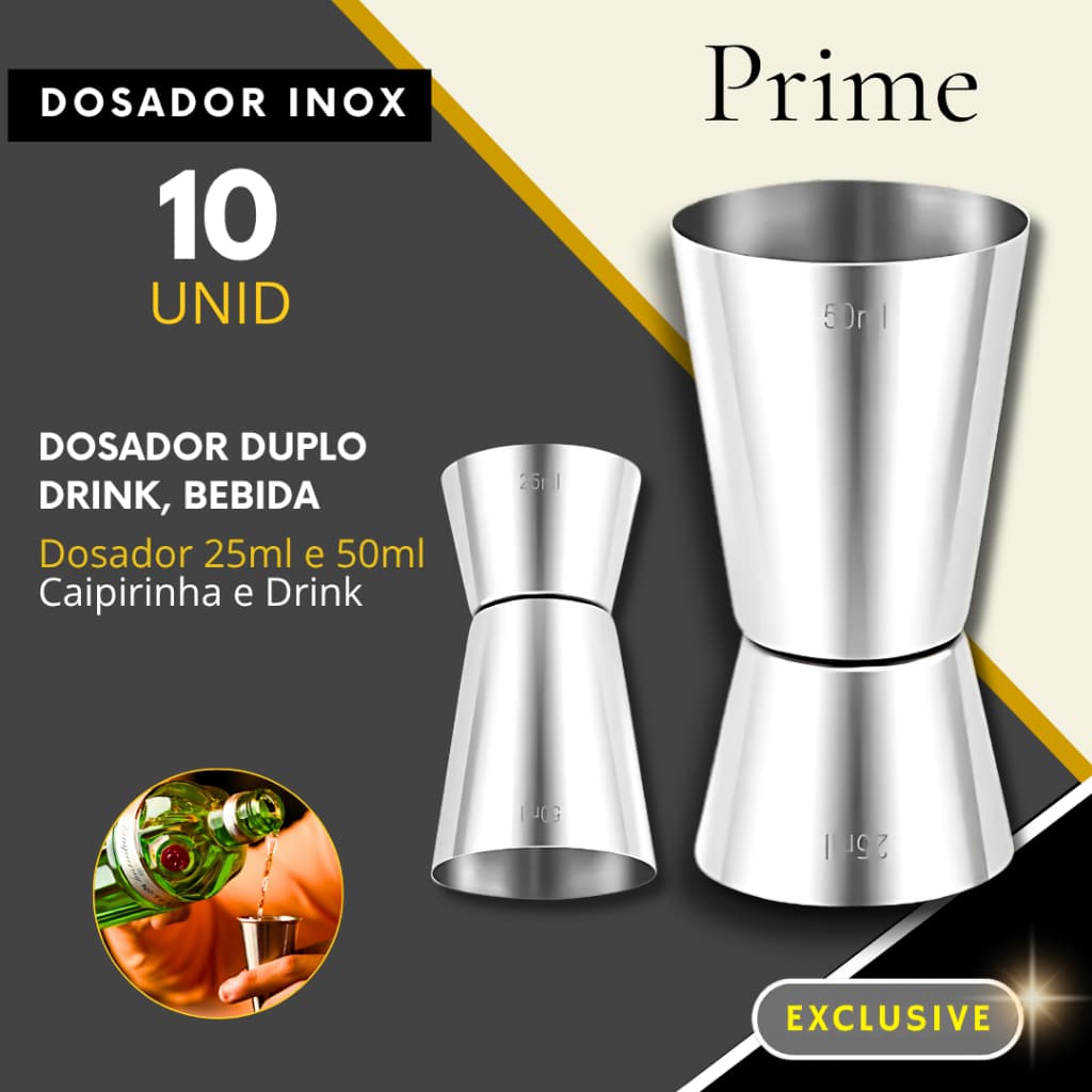 10/5/3-/2- Dosador Duplo para Drink Aço Inox 25ml e 50ml Bar Drinks Bebidas Barman Mixologia