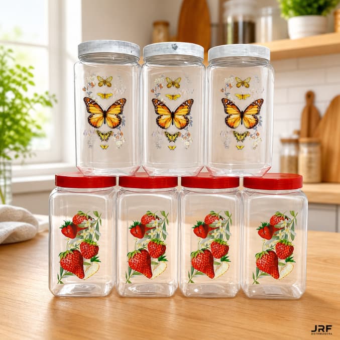 Kit Potes Plásticos 2,5L Blud Quadrado com Tampa Mantimentos Estampado