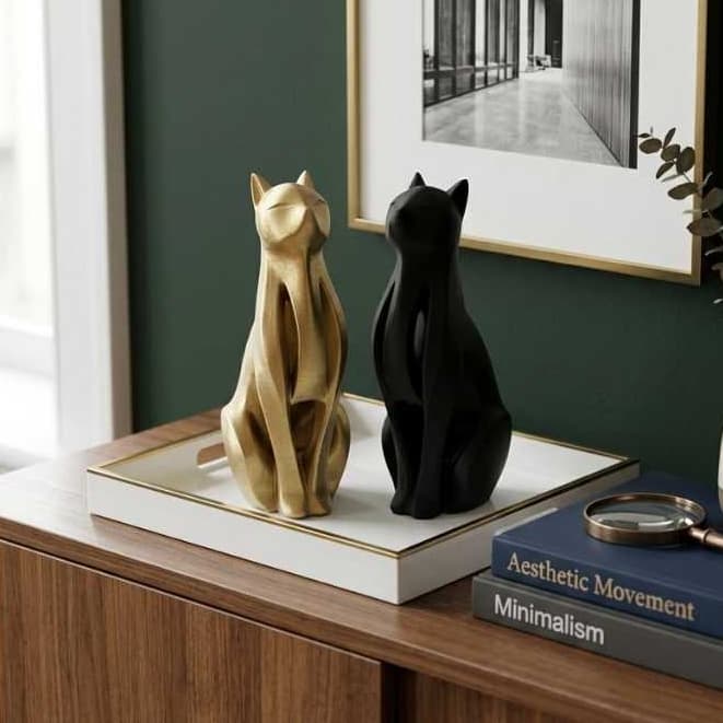 Kit 2 Estátuas Gato Decorativa 16cm - Moderna Minimalista Para Sala Mesa Decoração