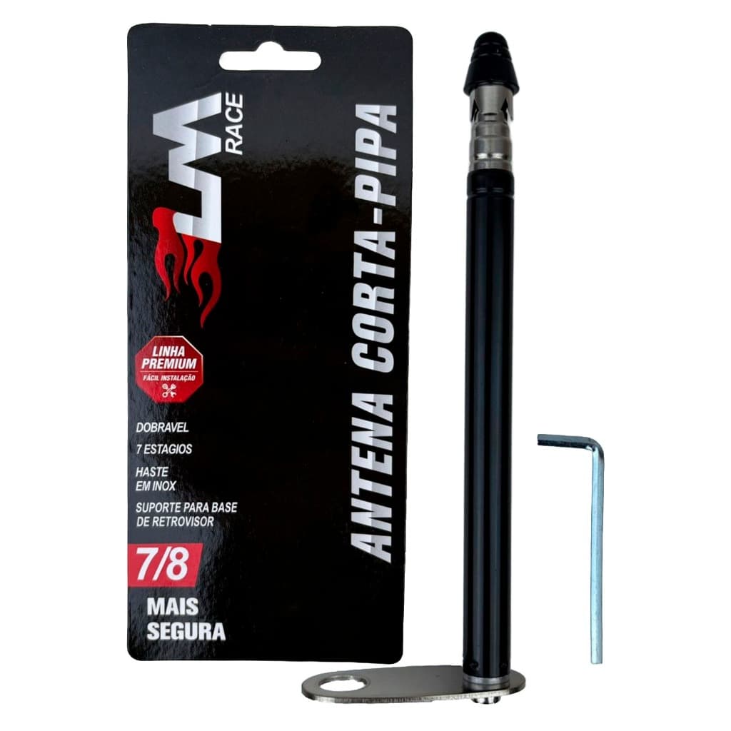 Antena Corta Pipa para Retrovisor Moto Retrátil com 7 estágios Anti Cerol Haste Inox cor Preto