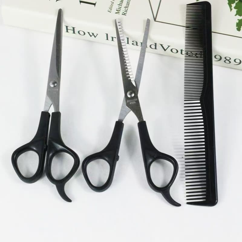 Kit de 3 Peças para Corte de Cabelo – Tesoura Reta + Tesoura de Desbaste + Pente