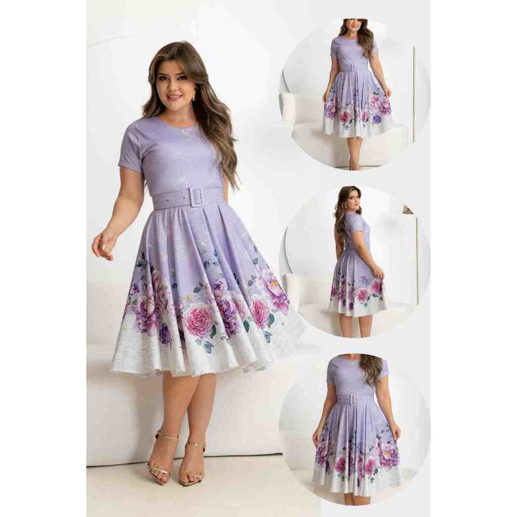 Novidade ! Vestido Midi Lilás Florido c / bege - P ao G3 - Acompanha Cinto. ref 180