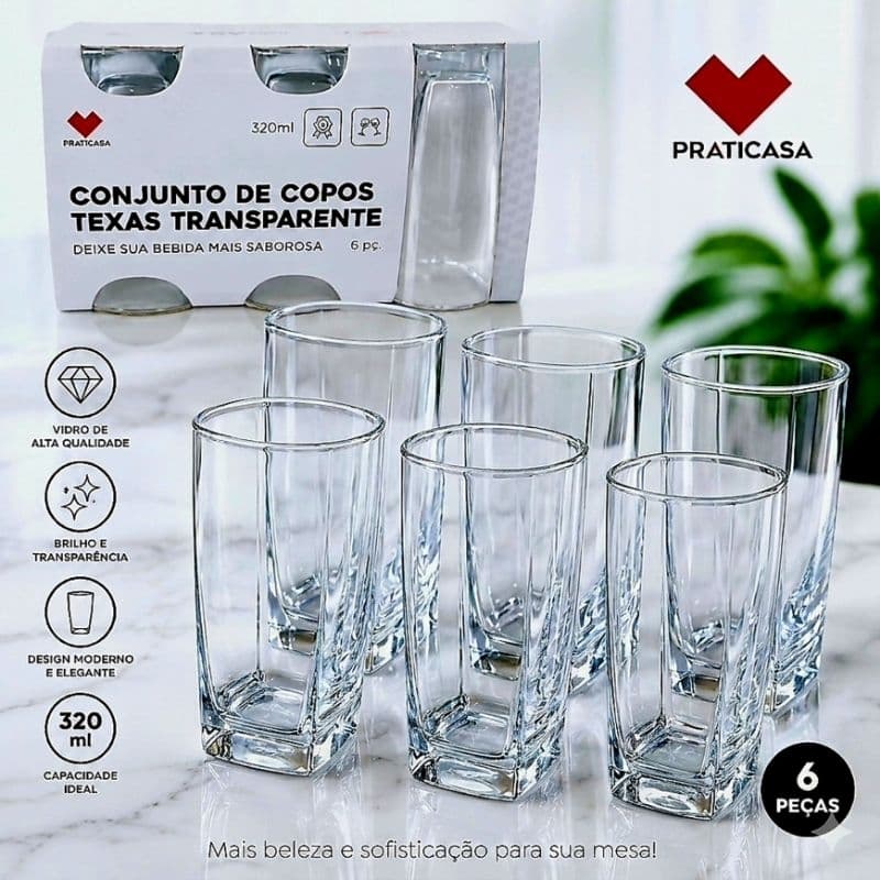 Jogo 6 Copos Quadrado Texas Vidro 320ml - Praticasa