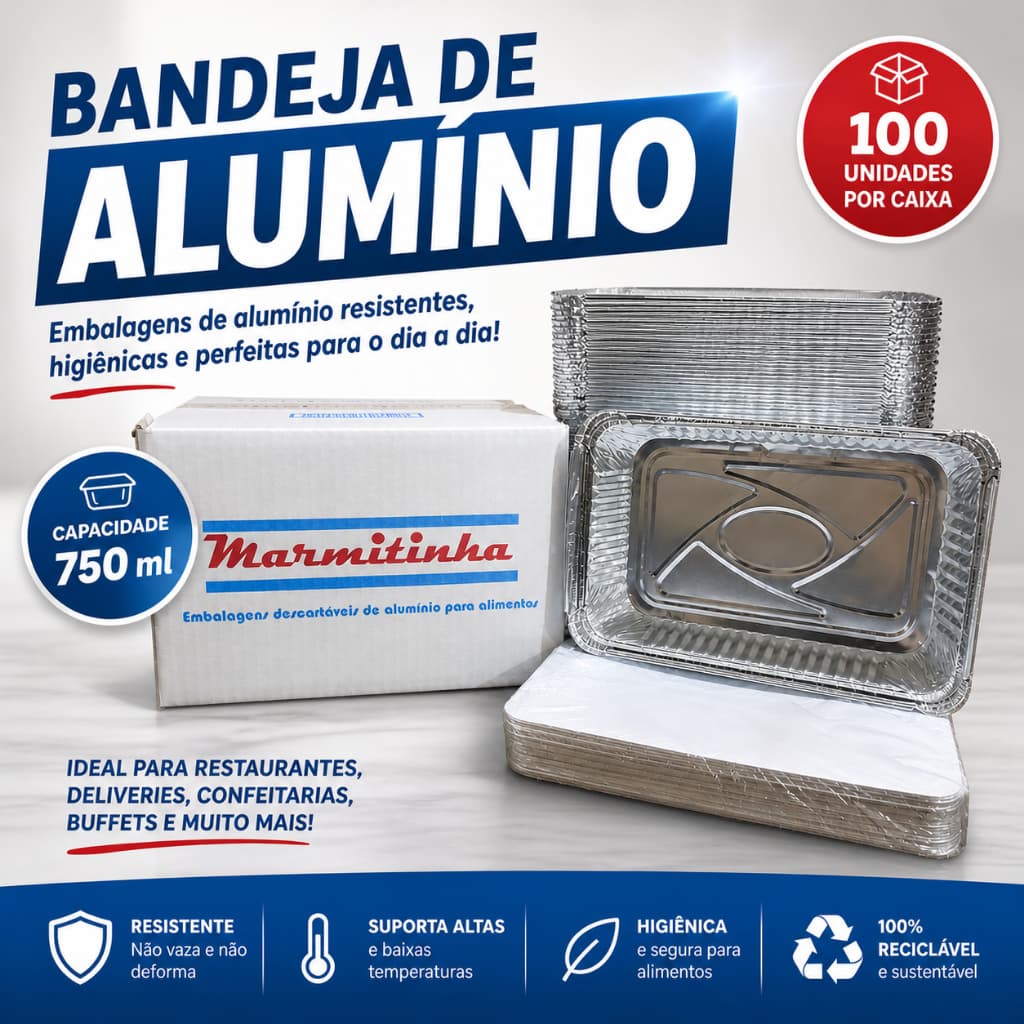 Bandeja Marmitex Alumínio 750ml Retangular C/ Tampa Cx100un