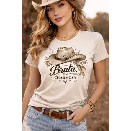 Camiseta Feminina Country Bruta Mas Charmosa Estampada 100% Algodão Festa de Peão Look Boiadeira