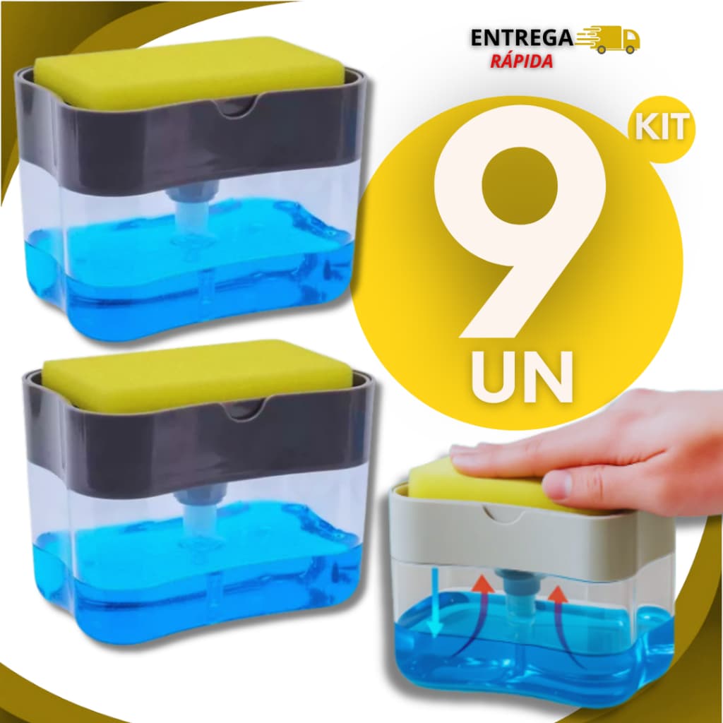 Dispenser Porta Detergente e Sabão Líquido com Suporte para Esponja Cozinha Compacto Pressão Automática