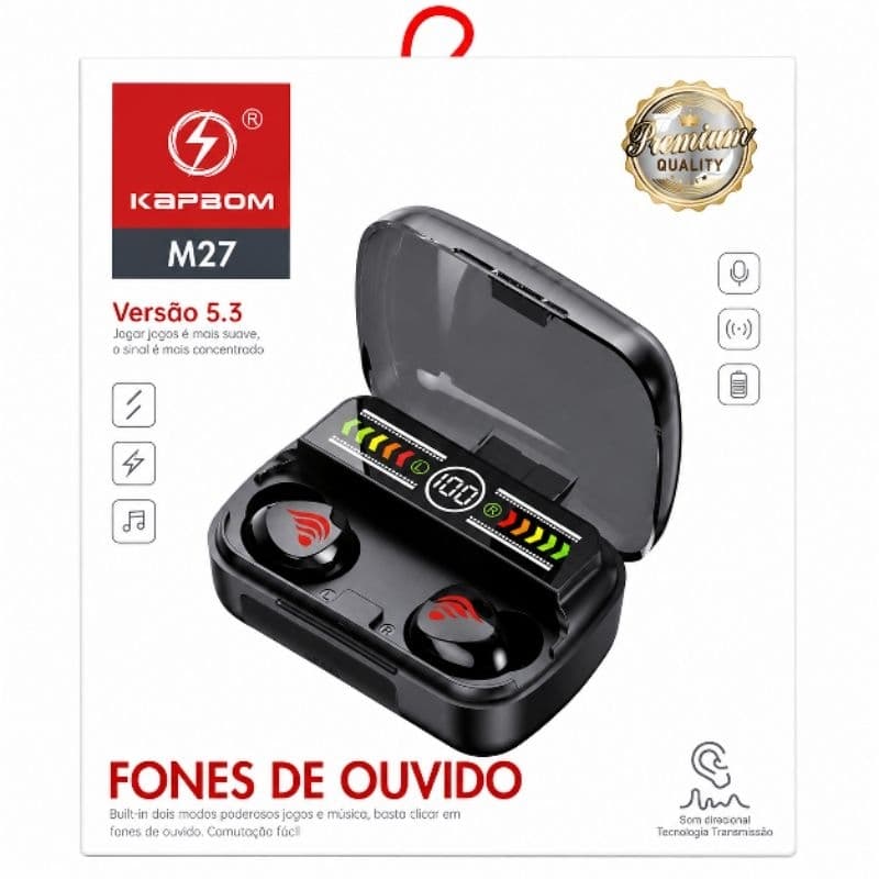 Fone Bluetooth Gamer M27 5.3 Sem Fio Baixa Latência LED Display Power Bank Premium