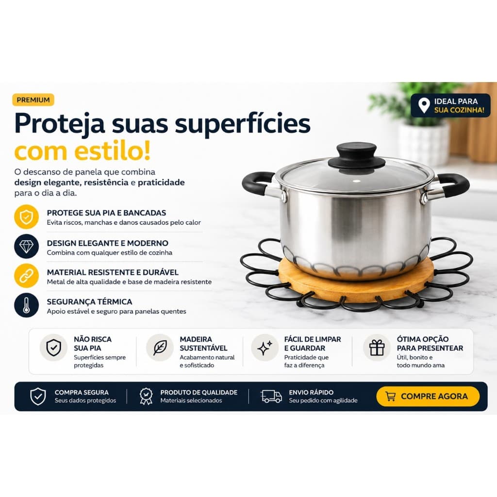 Descanso de Panela Floral em Metal com Base de Madeira – Elegância e Proteção para sua Mesa
