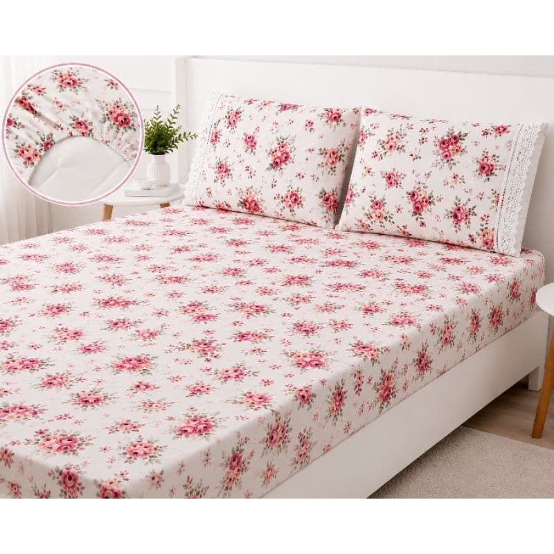 Kit Lençol Queen Casal Estampado 3 Peças-Fronhas Rendadas-Jogo Casal Queen com Elástico