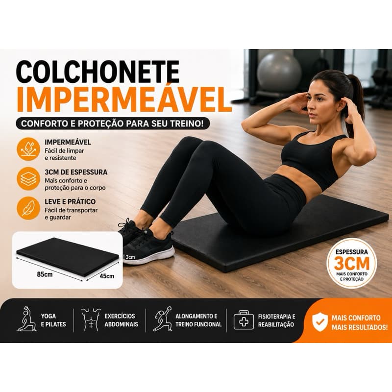 Colchonete Impermeável Para Yoga Pilates Academia Fisioterapia 85x45x3cm Preto Confortável Exercícios