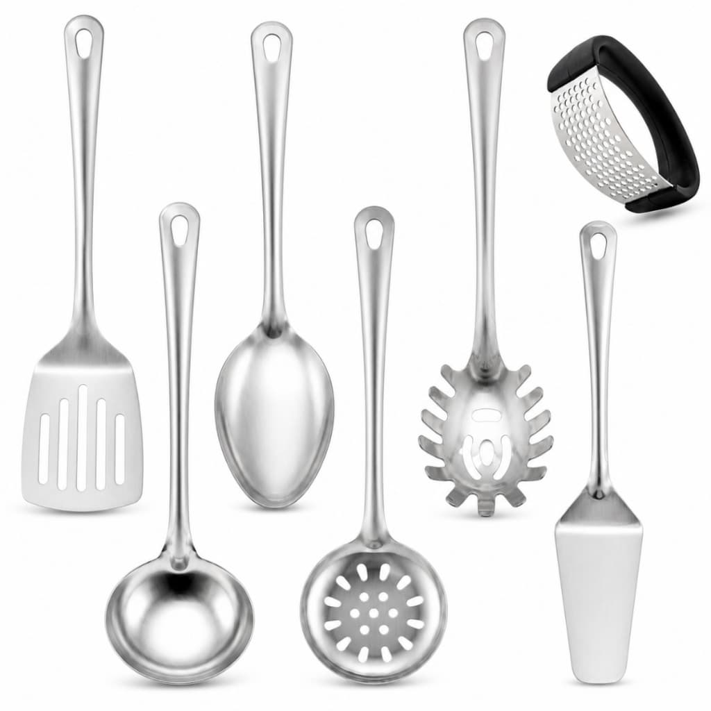 Jogo Kit de Utensílios Cozinha Inox Concha Colher Arroz  Escumadeira Pegador Massa Espátula