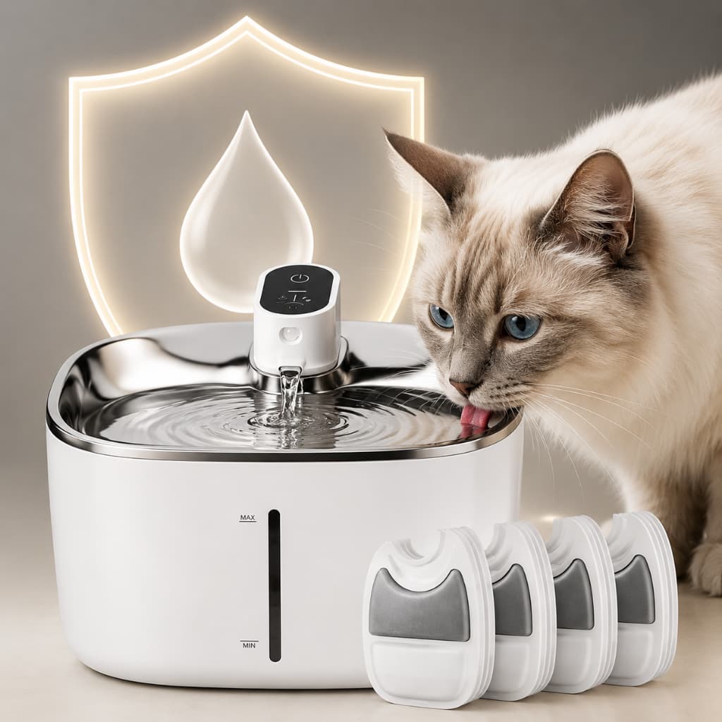 Bebedouro Pet sem fio + 4 Filtros Reposição Sensor de movimento Aciona automático Silencioso branco