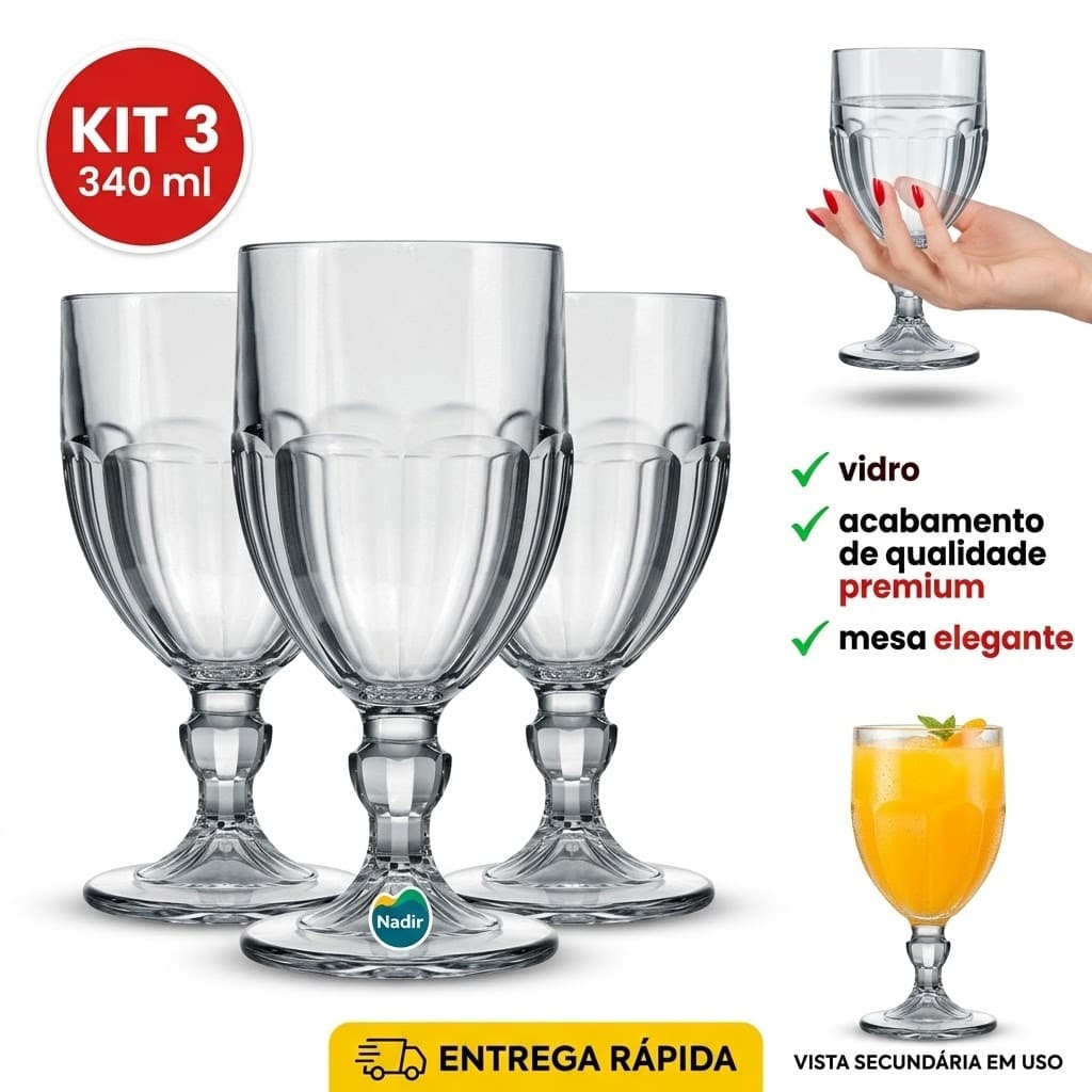 Kit Jogo de 3 peças 3 Taças de vidro Bristol Nadir 340ml transparente Pronta Entrega