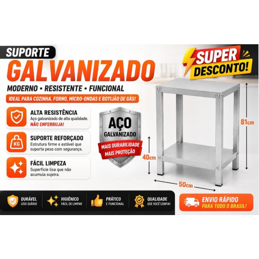 Mesa Auxiliar Industrial Reforçada 2 Bandejas Aço Galvanizado Não Enferruja