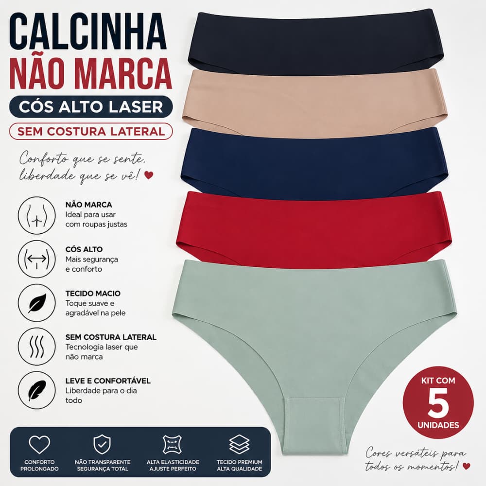 KIT 5 Calcinha não marca Corte CÓS ALTO Laser SEM COSTURA Lateral Calcinhas Confortáveis