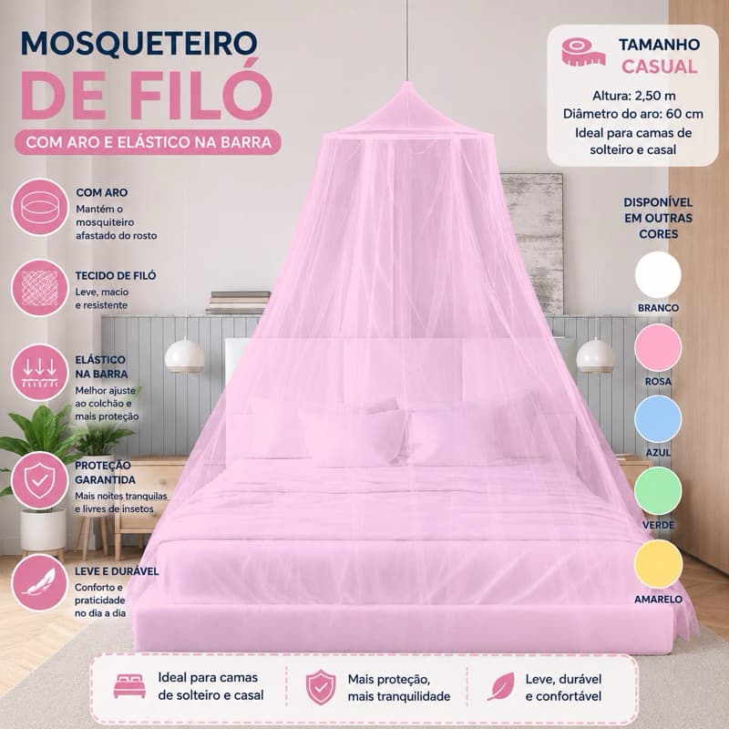 Mosquiteiro de teto em filo com elástico para cama box de casal e solteiro