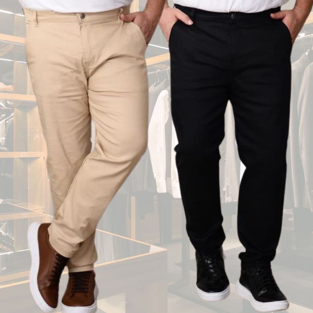 Kit 2 Calças Plus Size Masculina Sport Fino Social Sarja Preto e Bege com Lycra Tamanhos Especiais 50 52 54 56