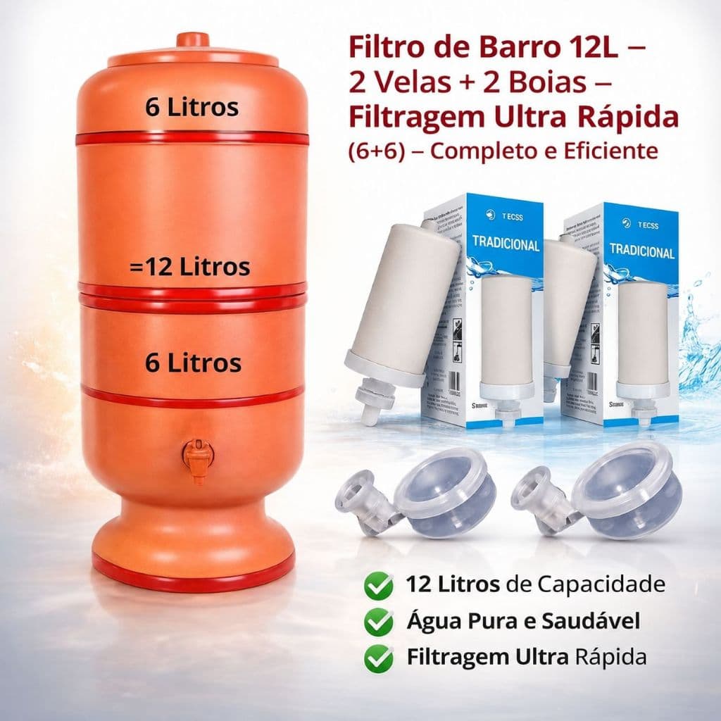 Filtro de Barro 12L – 2 Velas + 2 Boias – Filtragem Ultra Rápida (6+6) – Completo e Eficiente