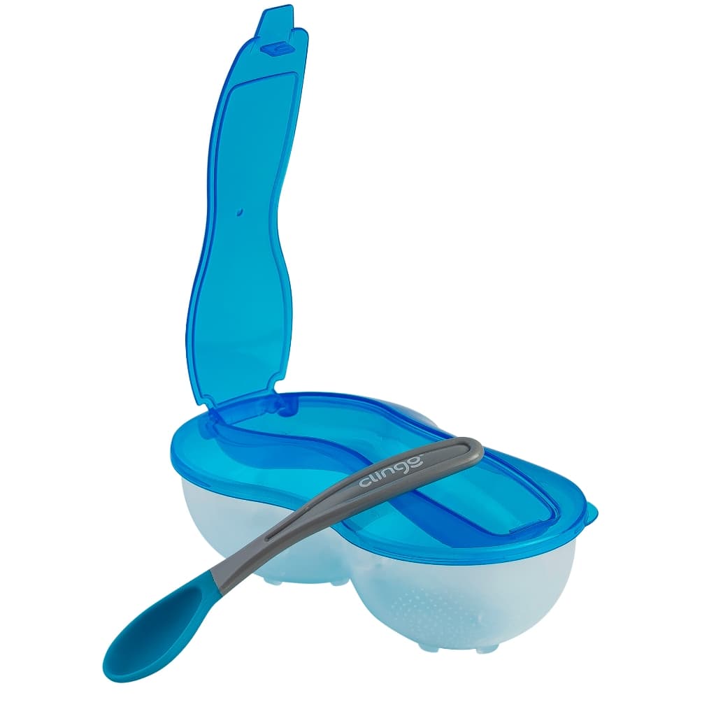 Pote De Papinha com Divisória e Colher Silicone Clingo Azul com Tampa