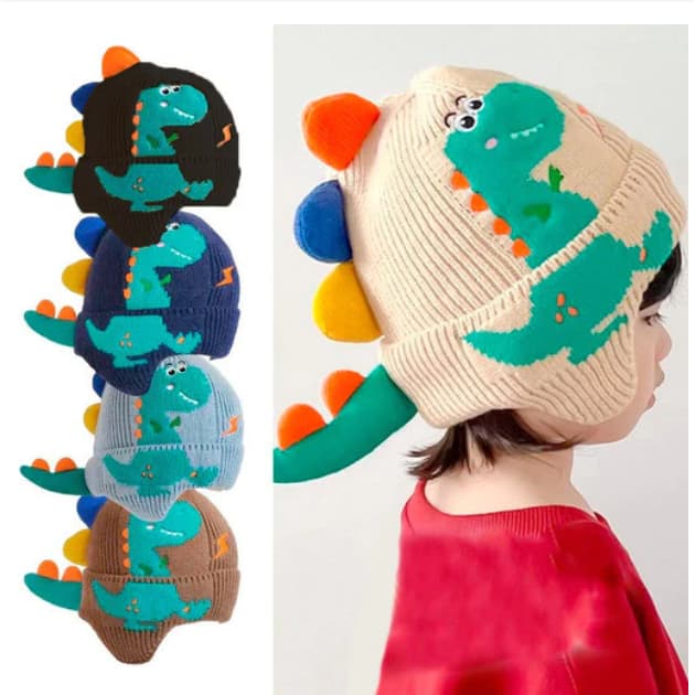 Touca Infantil Gorro Forrada Pompom Com Estampa Dino Quentinha Forrada