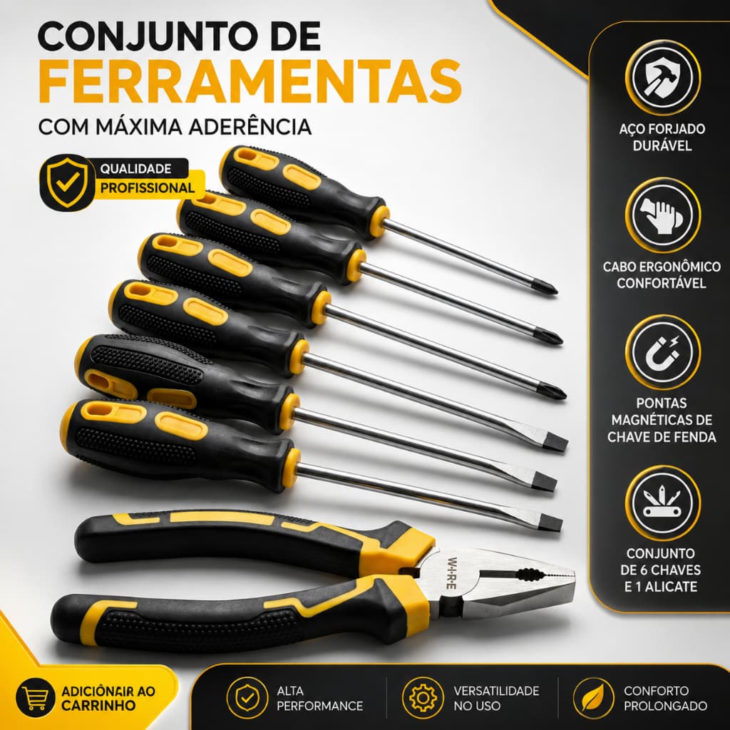 Jg de Ferramentas Profissional 6 Chaves de Fenda/Phillips + 1 Alicate Universal - Cabo Ergonômico