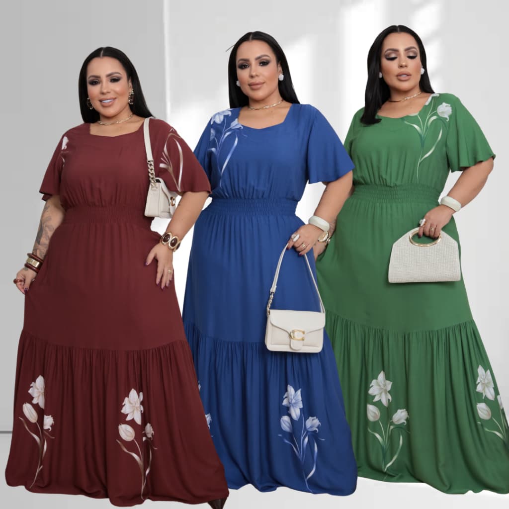 Vestido Longo Feminino Plus Gola Princesa, com Lastex no cós