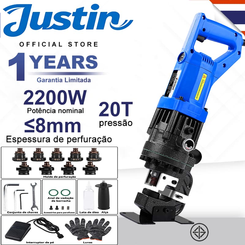 Punção Elétrica Hidráulica de 2200W 110V para Metal com 9 Matrizes para Cantoneiras de Aço