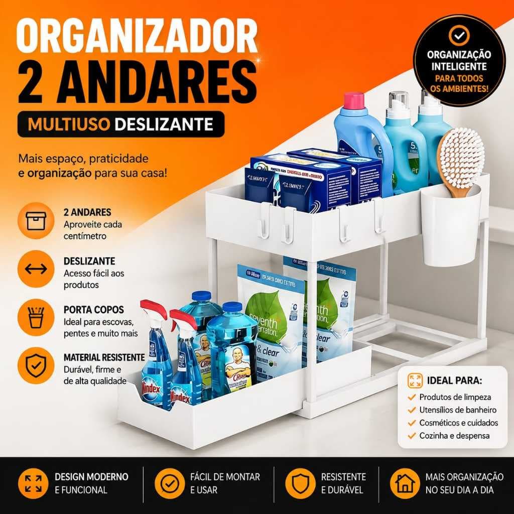 Organizador Multiuso 2 Níveis Com Bandeja Corrediça Branco Compacto Versátil Fácil Uso