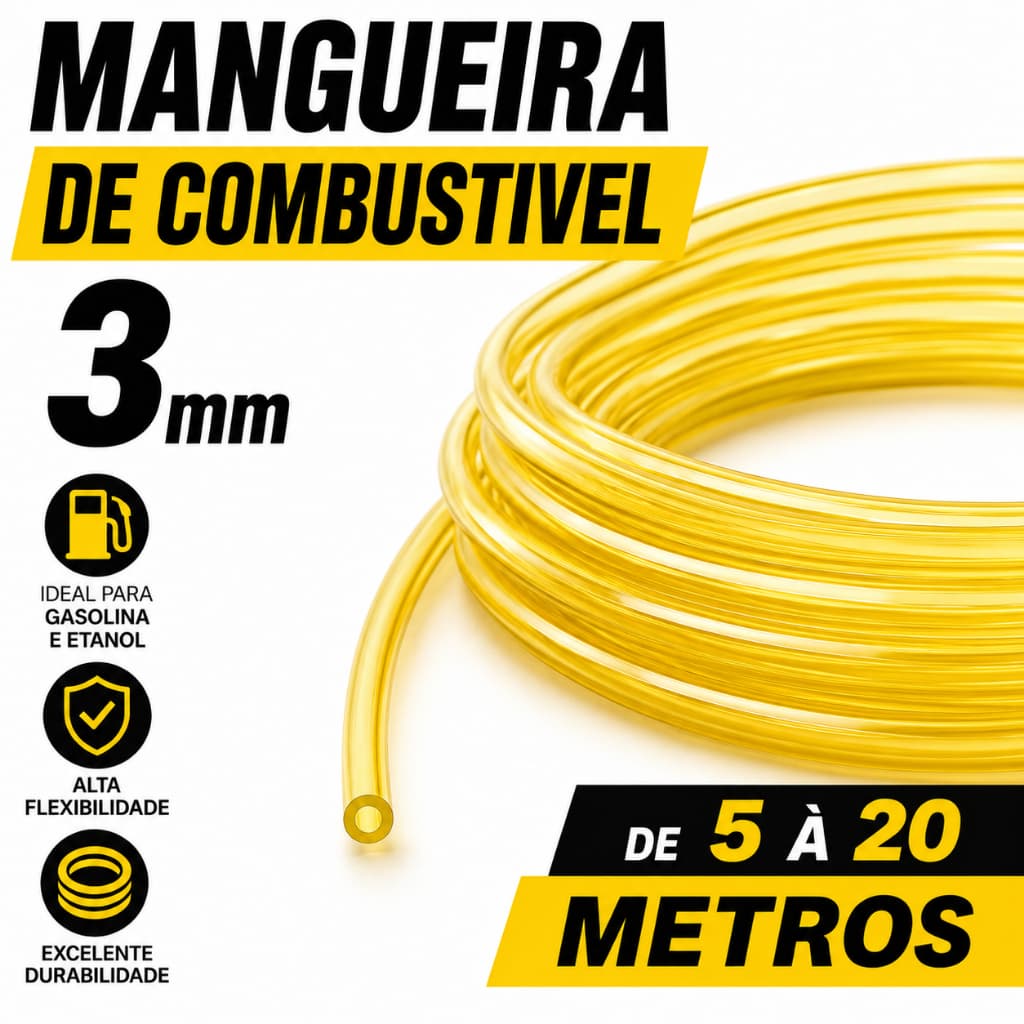 Mangueira Combustível Gasolina 3mm Interno Amarela Carro Moto 5 Metros 10 Metros 15 Metros 20 Metros