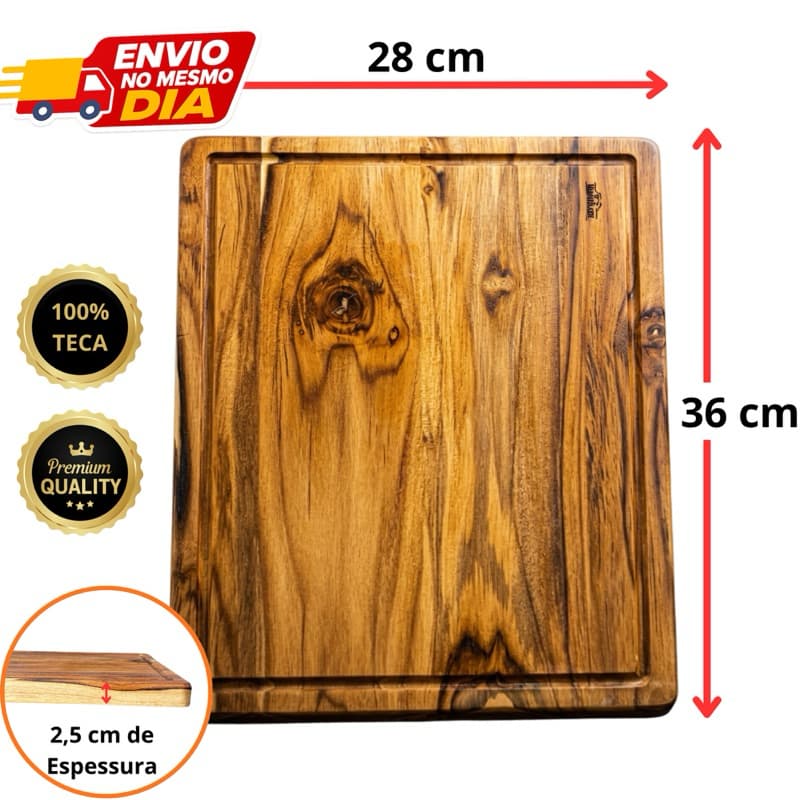 Tábua de Corte em Madeira Teca 36x28cm com Canaleta – Tábua para Churrasco Carne e Servir