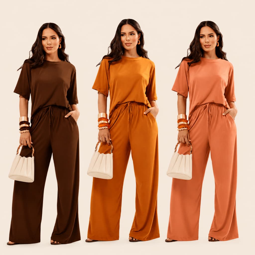 Conjunto Feminino Suede Calça Pantalona e Blusa Elegante Espojado