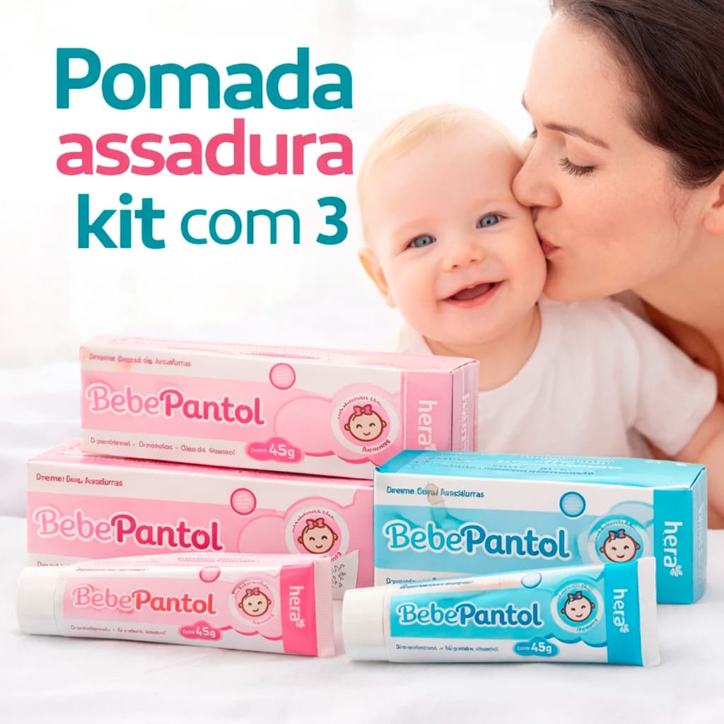 Kit com 3 Pomadas assadura Creme Bebê Pantol 45gr D-Pantenol Vitamina B5, óleo de amêndoas girassol