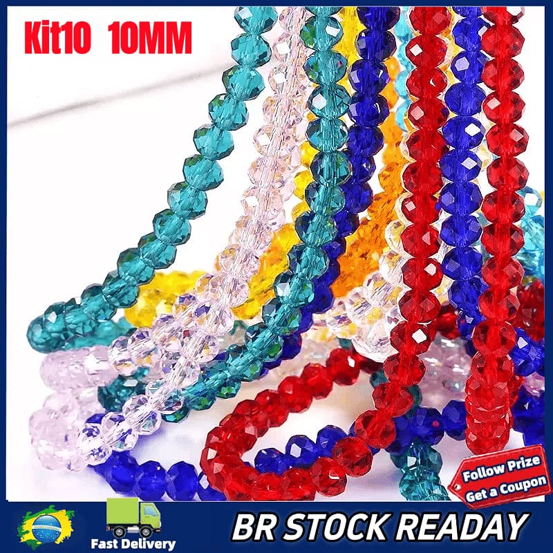 ✅[BR Seller]Kit 10 Fios de Cristal 10mm Flat Facetado Vidro 63 a 67 Cristais Contas por fio Várias Cores