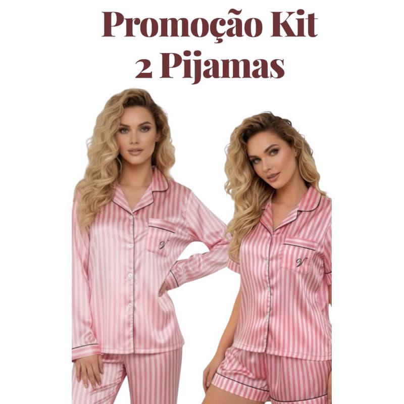 2 Pijamas listrasdos Cetim Premium Manga Longa/Curta Americano