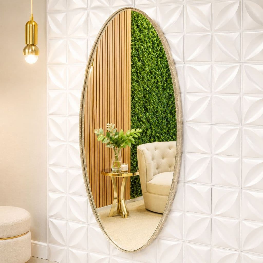 Espelho de Parede Corpo Inteiro Oval Roma Couro Brilhante Decoração Quarto Salão Loja 120cm x 50cm