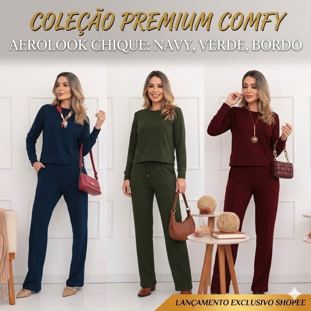 Conjunto feminino manga larga calça pantalona confortável elegante