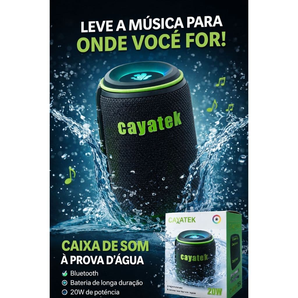 Caixa de Som Bluetooth CAYATEK CA-5215 – 20W | À Prova d’Água IPX6 | RGB | Som Potente