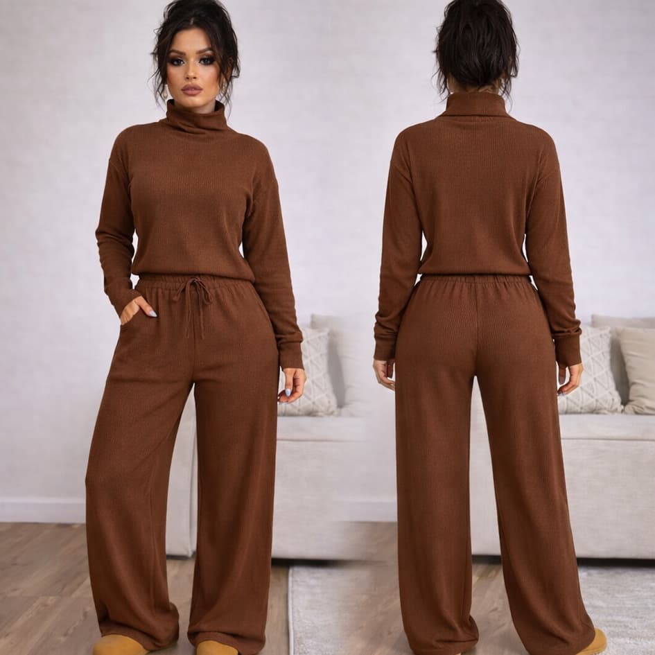 Conjunto Feminino Inverno Gola Alta em Malha Importada Canelada Premium Calça Pantalona Elegante Confortável