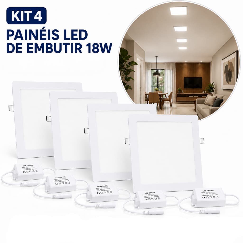 Kit 4 Painel Led Luminaria Plafon 18w Quadrado Embutir 22x22cm Luz Fria Quente Neutro