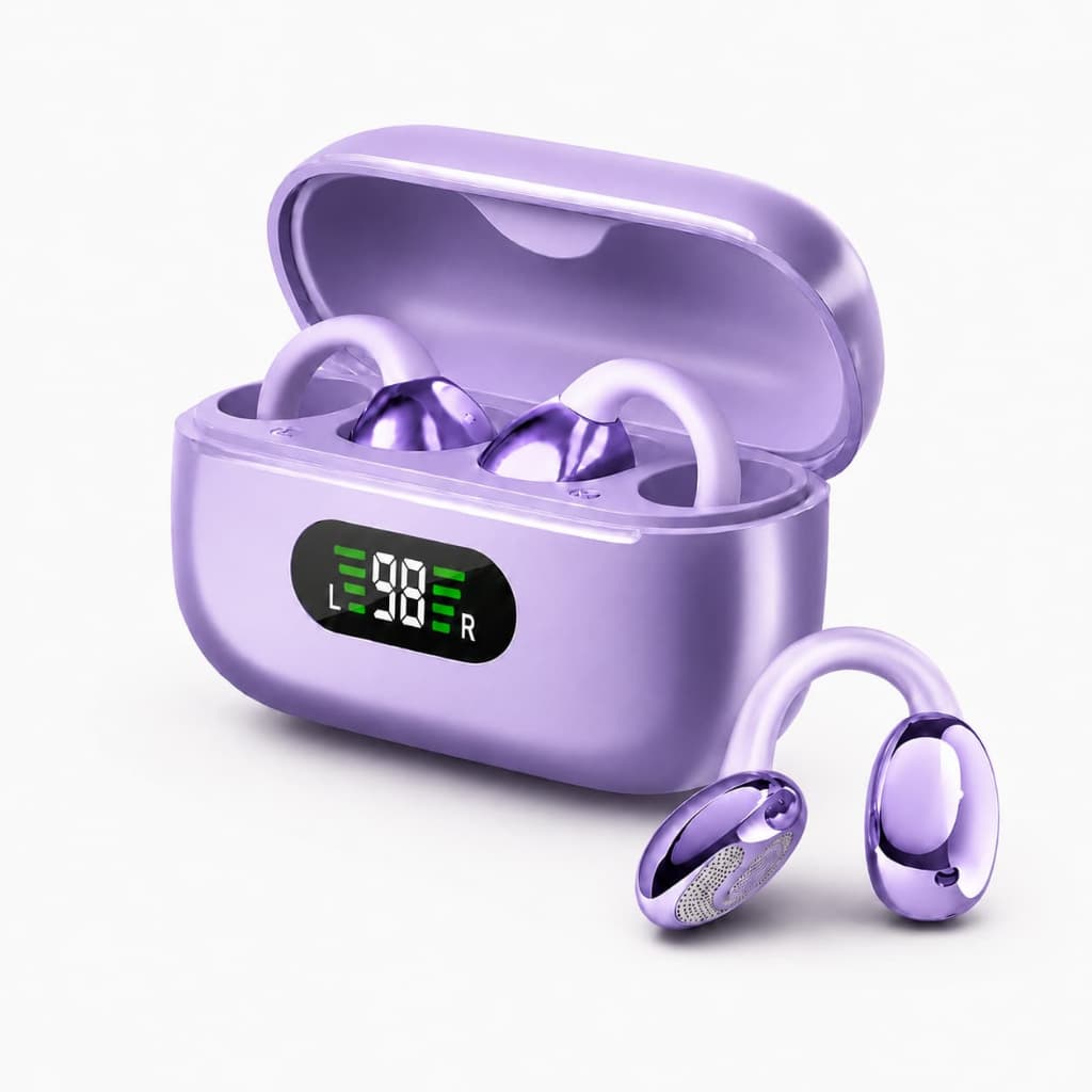 Fone de Ouvido Sem Fio Bluetooth 5.4, Ear Clip Aberto, Áudio 360°, LED e Baixa Latência