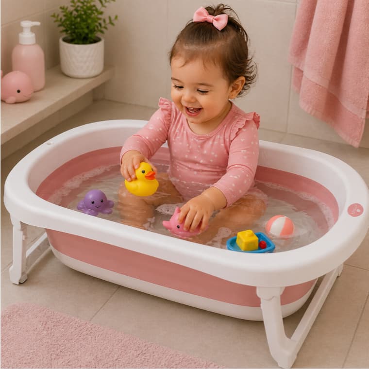 Banheira Infantil Dobrável Retrátil Antiderrapante 35L Premium Portatil Rosa Menina Criança