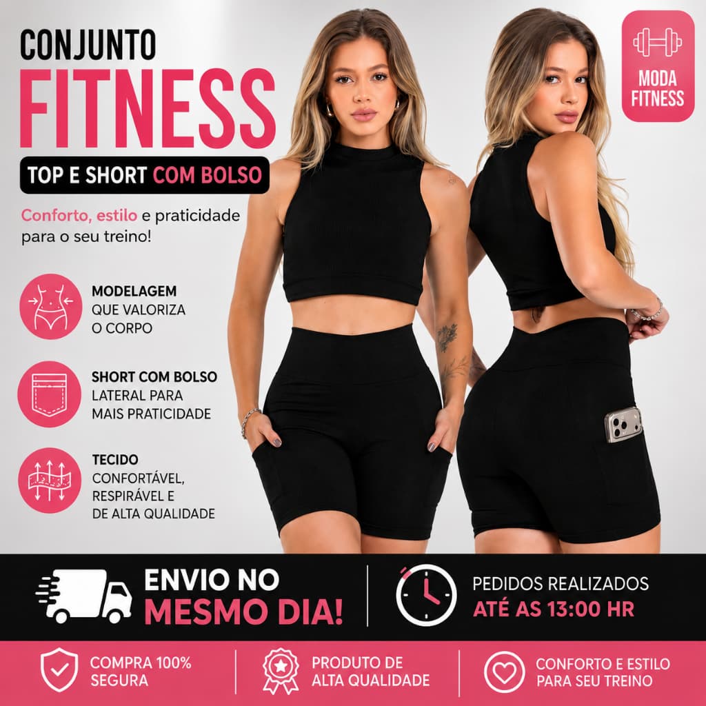 Conjunto Fitness Top Short Curto Academia Com Bolso Roupa de Academia Moda Fitness