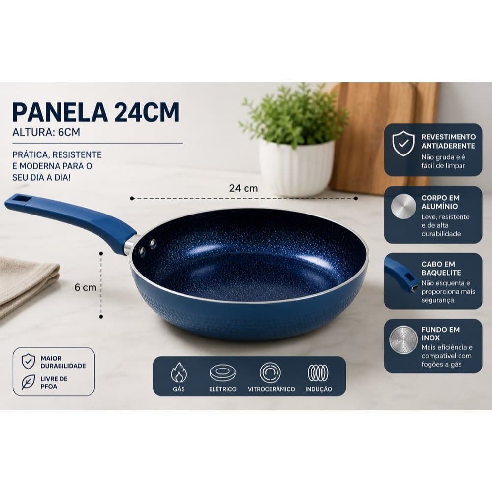 Frigideira Antiaderente Cerâmica Azul 20cm 24cm 26cm Cozinha Moderna Durável e Elegante Não Gruda