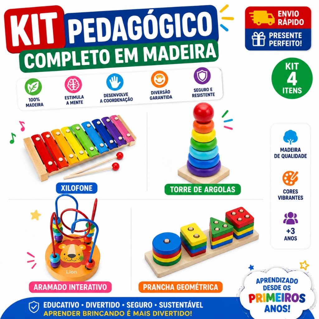 Kit Pedagógico Infantil Madeira Xilofone Torre Prancha Aramado 4Em1 Montessori Educativo e Un.Avulso