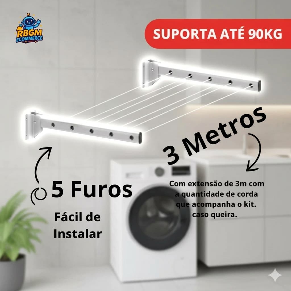 Varal Retrátil Alumínio Não Enferruja Dobrável Apartamento