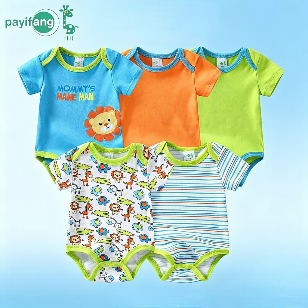 Pjamas De Bebê Kit Body Roupa De Bebê Kit 5 Body Manga Curta Algodão 100% Menino 0-12 Meses Animais da Selva