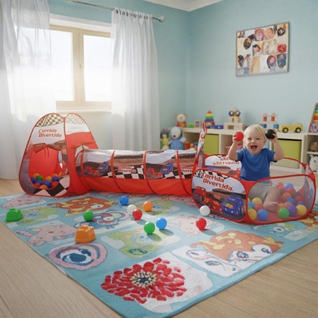 Toca Barraca Infantil Dobrável Corrida Divertida Piscina e Túnel + Bolinhas Coloridas