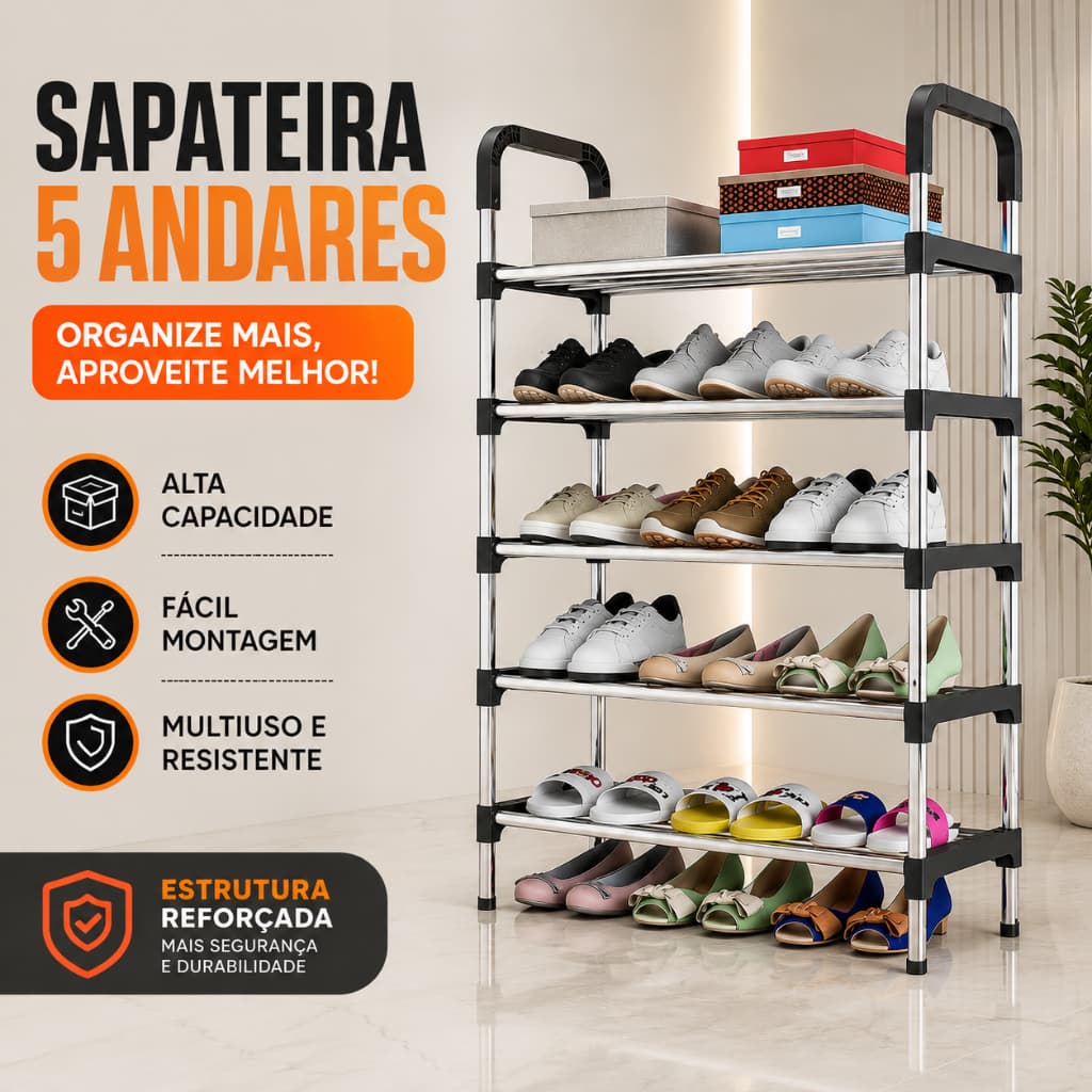 Sapateira 5 Andares Vertical Organizadora Desmontável Multiuso Rack em Metal e Plástico Cadernos