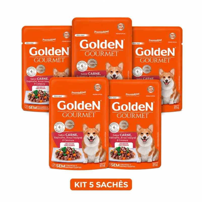 Kit 5 Sachês Golden Gourmet Cães Adultos Porte Pequeno Carne 85g Ração Úmida Premium Natural