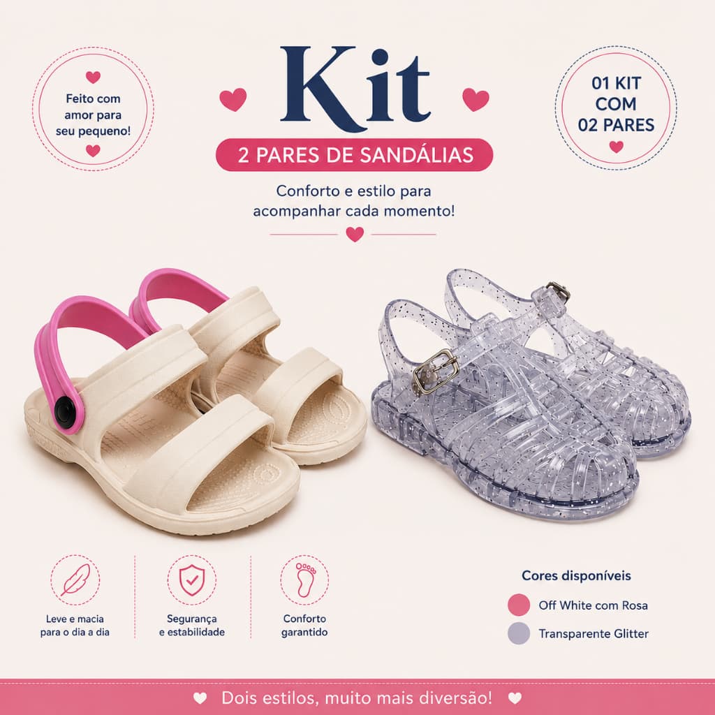 Kit Com 02 Pares Sandália Infantil Feminina N° 21 ao 28